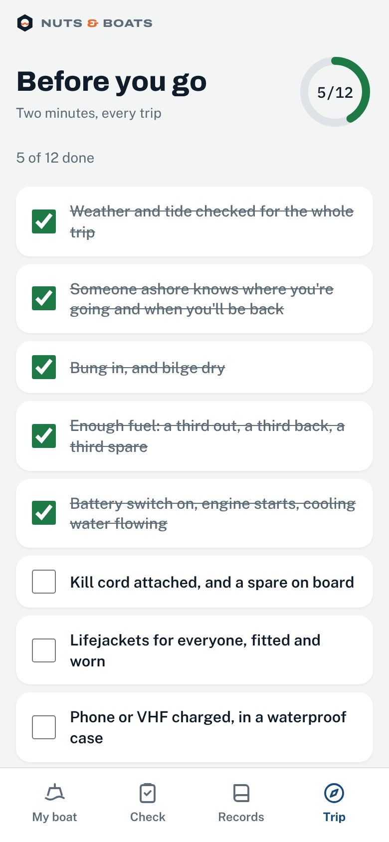 The Before you go checklist with five of twelve items ticked